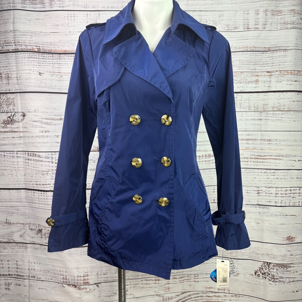 Trina Turk Navy Blue Water Repellent Double Breasted Homage Trench Coat NWT Med